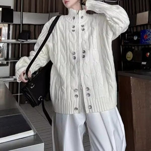 Button Stand Collar Loose Sweater
