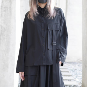 Loose Black Long-sleeved Shirt and Skirt Two-piece Suit