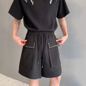 Multi-pocket Elastic Waist Wide Leg Loose Shorts