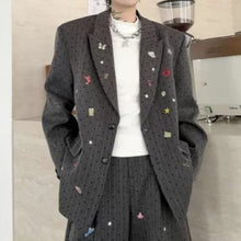 Load image into Gallery viewer, Striped Polka Dot Patch Detail Oversized Blazer Wide-leg Trousers Two-piece Set
