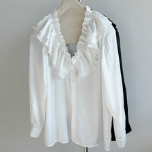Load image into Gallery viewer, Padded Shoulder Ruffle Collar Loose Drape Shirt

