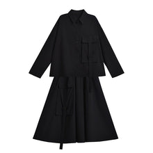 Load image into Gallery viewer, Loose Black Long-sleeved Shirt and Skirt Two-piece Suit
