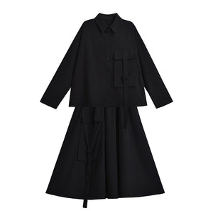 Loose Black Long-sleeved Shirt and Skirt Two-piece Suit