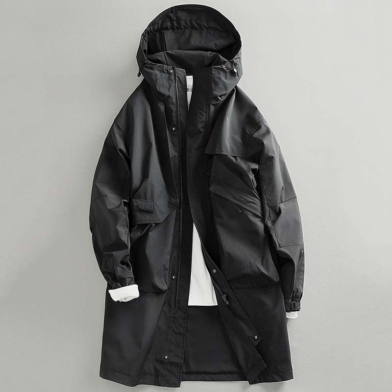 Black Retro Mid-length Hooded Casual Windbreaker Jacket