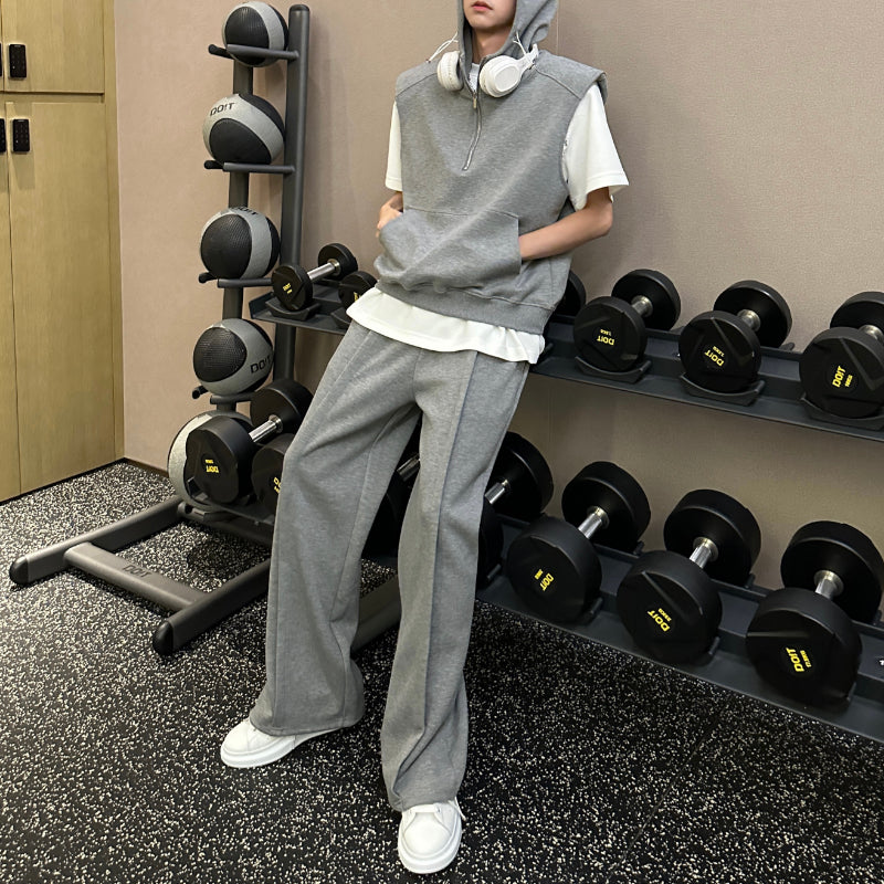 Hooded Shoulder Padded Vest Loose Sports Pants Two-Piece Set