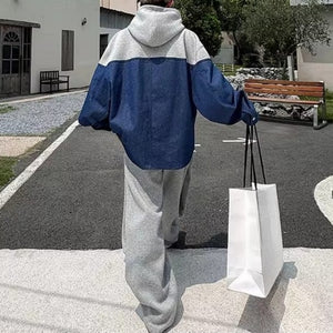 Contrast Color Stitching Hooded Drawstring Shirt Casual Sweatpants Two-piece Set