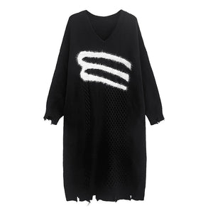 Autumn and Winter Thick Knitted V-neck Jacquard Long Sweater Dress
