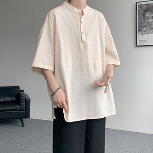 Cotton and Linen Henley Collar Loose T-Shirt