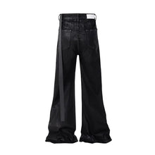 Load image into Gallery viewer, Dark Waxed Coated Ribbon Slightly Flared Mopping Stacked Denim Trousers
