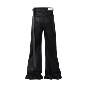 Dark Waxed Coated Ribbon Slightly Flared Mopping Stacked Denim Trousers