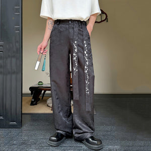 Embroidered Dark Pattern Casual Wide-leg Pants