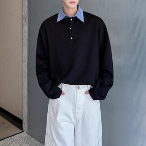 Striped Lapel Fake Two-Piece Loose POLO Shirt