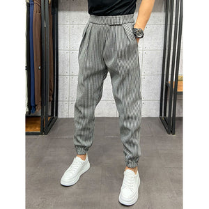 Winter Thick Striped Pleated Cropped Trousers