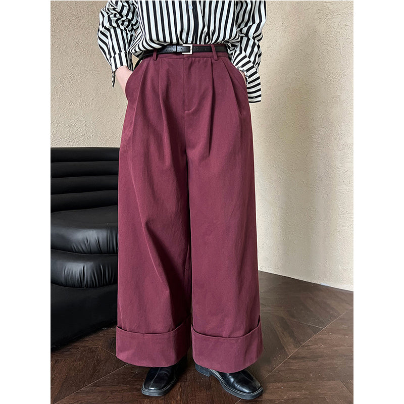 Cuffed Wide-leg Cotton High-rise Straight-leg Trousers