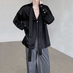 Acetate Textured Tie V-neck Drape Shirt