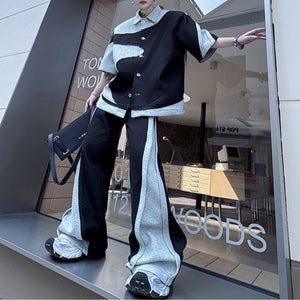 Patchwork Contrast Color Jacket Casual Loose Trousers Two-piece Set