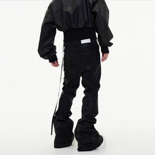 Load image into Gallery viewer, Dark Waxed Coated Ribbon Slightly Flared Mopping Stacked Denim Trousers
