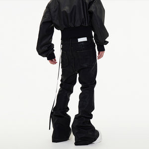 Dark Waxed Coated Ribbon Slightly Flared Mopping Stacked Denim Trousers