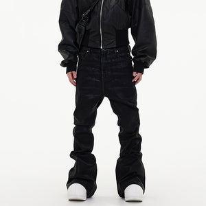 Dark Waxed Coated Ribbon Slightly Flared Mopping Stacked Denim Trousers