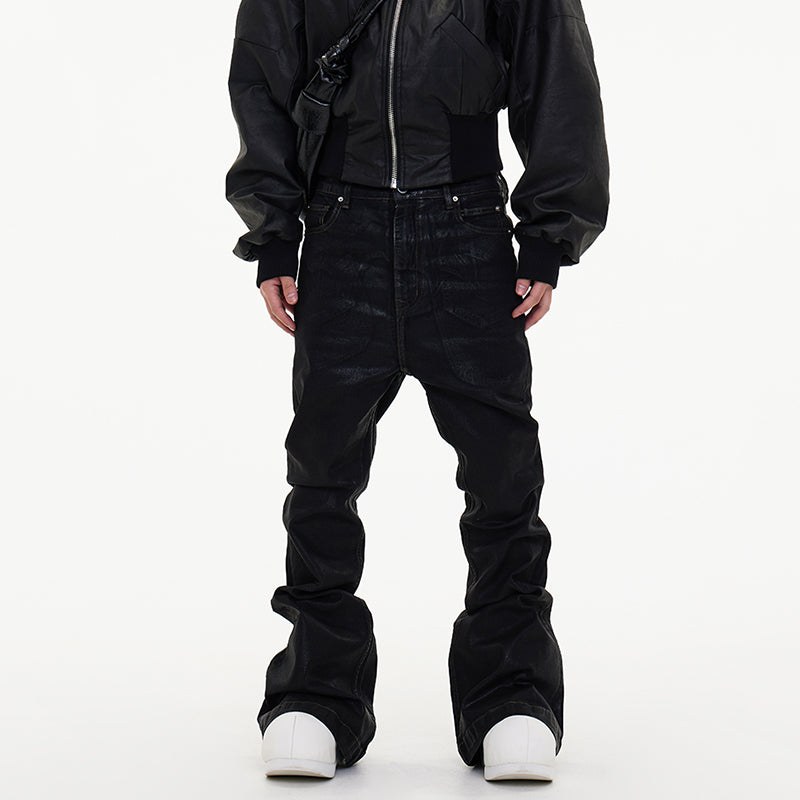 Dark Waxed Coated Ribbon Slightly Flared Mopping Stacked Denim Trousers