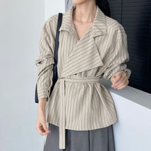 Load image into Gallery viewer, Striped Stand Collar Tie-Waist Long Sleeve Shirt
