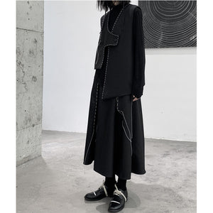 Irregular Pleated Topstitched A-Line Midi Skirt