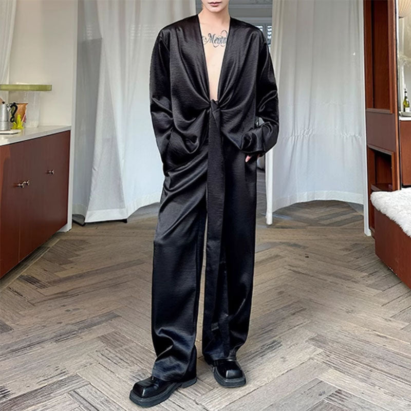 Silky Shiny Satin Tie Long-sleeved Shirt Casual Trousers Two-piece Suit