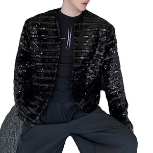 Round Neck Sequined Striped Casual Stage Jacket