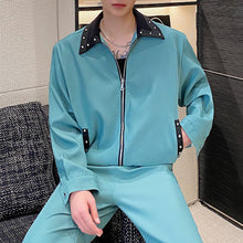 Load image into Gallery viewer, Contrast Color Patchwork Rivet Short Jacket Wide-leg Trousers Two-piece Set
