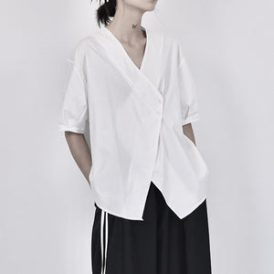 Asymmetric V-neck Loose Thin Short-sleeved Shirt