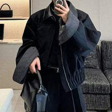 Load image into Gallery viewer, Leather Collar Contrast Plaid Oversized Turned-sleeve Cotton Jacket
