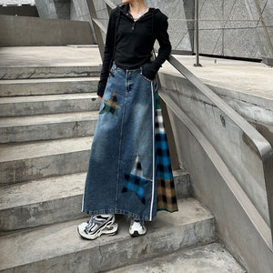 Paneled Contrast Plaid High-waist Denim Skirt