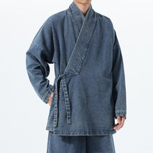Load image into Gallery viewer, Vintage Washed Denim Cross Front Kimono Coat
