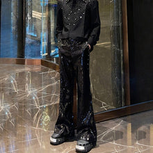 Load image into Gallery viewer, Heavy Sequined PU Metal Rivet Flared Pants

