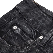 Load image into Gallery viewer, Dark Waxed Coated Ribbon Slightly Flared Mopping Stacked Denim Trousers
