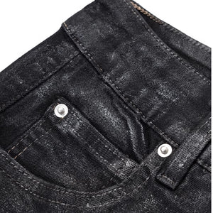 Dark Waxed Coated Ribbon Slightly Flared Mopping Stacked Denim Trousers