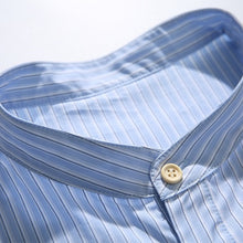 Load image into Gallery viewer, Blue White Striped Band Collar Casual Popover Shirt
