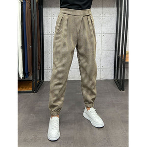 Winter Thick Striped Pleated Cropped Trousers