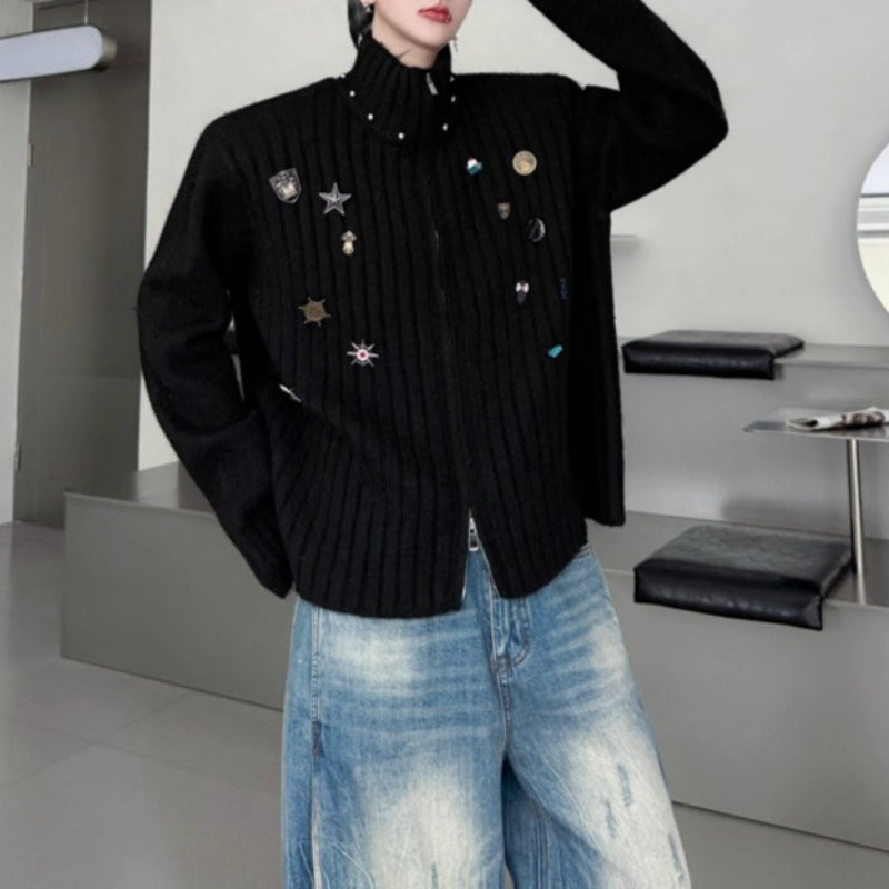 Stand-up Collar Metal-trimmed Knit Cardigan