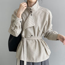 Load image into Gallery viewer, Striped Stand Collar Tie-Waist Long Sleeve Shirt

