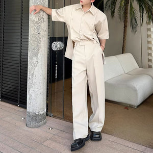 Slit Buttoned Shoulder Pad Shirt Wide Leg Trousers Two-Piece Set