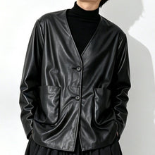 Load image into Gallery viewer, Japanese Loose Pleated V Neck PU Leather Jacket

