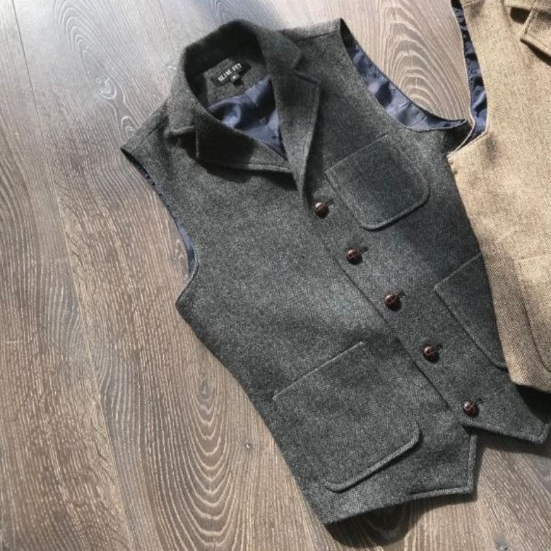 Vintage Multi-Pocket Herringbone Wool Vest