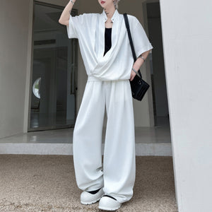 Stand-up Collar Drape T-shirt Casual Wide-leg Trousers Two-piece Suit