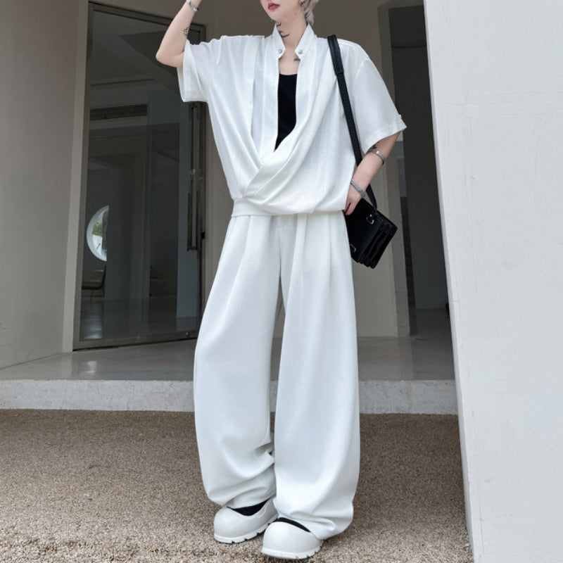 Stand-up Collar Drape T-shirt Casual Wide-leg Trousers Two-piece Suit
