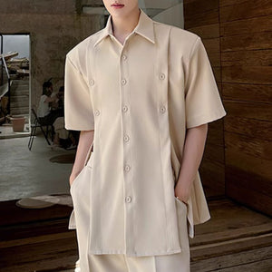 Slit Buttoned Shoulder Pad Shirt Wide Leg Trousers Two-Piece Set