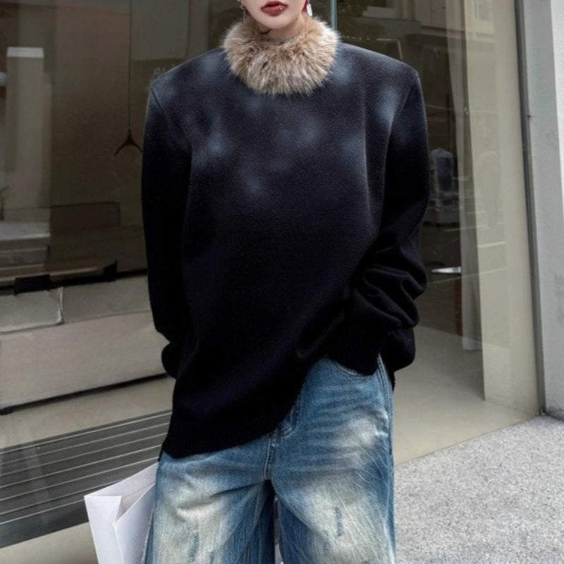 American Distressed Spray-painted Fur Collar Sweater