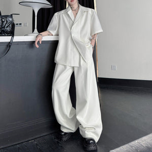 Lapel Shoulder Pad Casual Short Sleeve Shirt Wide Leg Trousers Two-piece Set
