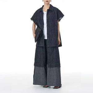 Square Neck Raw Edge Denim Vest Patchwork Jeans Two-Piece Set