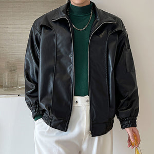 Cropped Stand Collar PU Leather Jacket